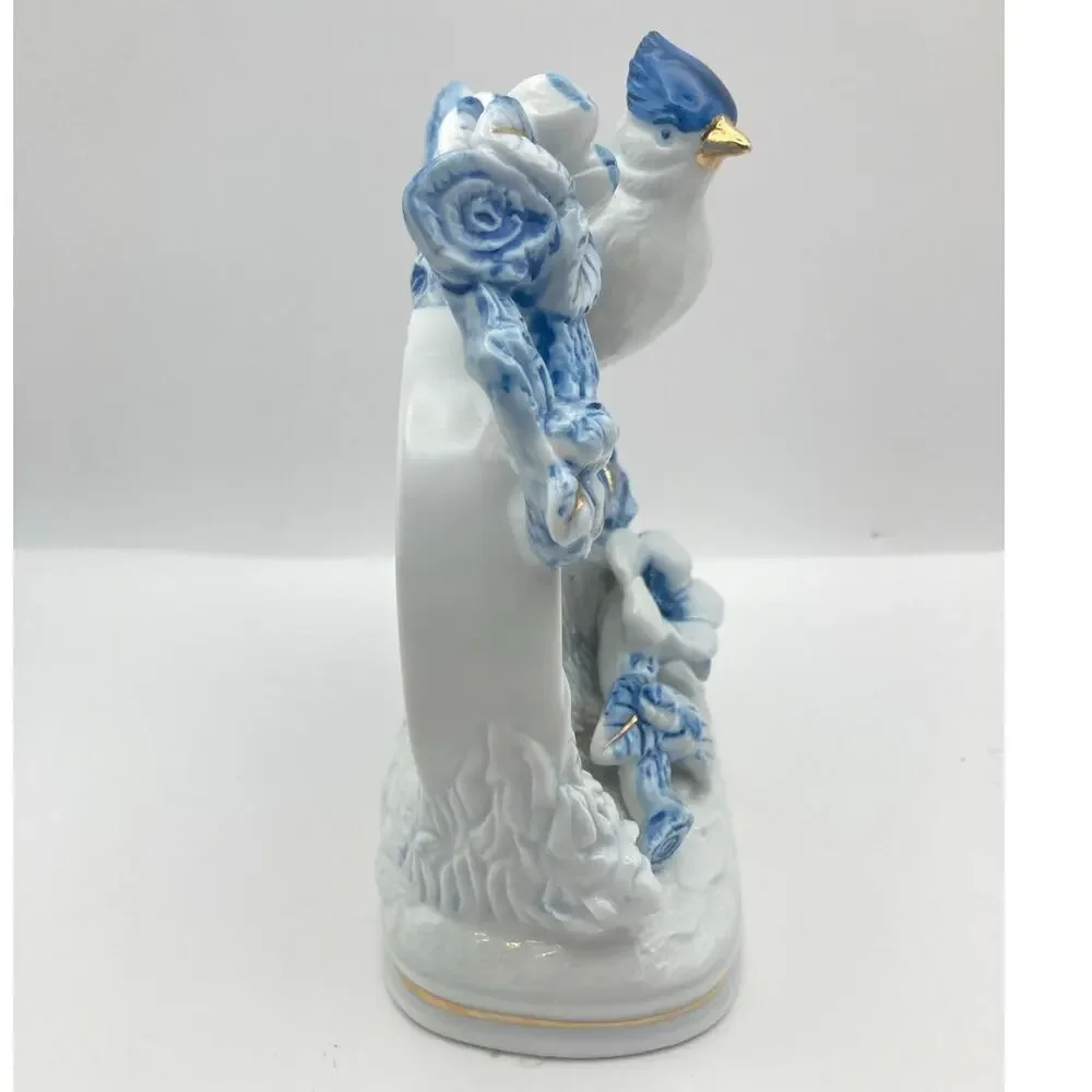 Vintage Linden Mechanical Mantle Alarm Clock Porcelain Blue Jay Gold Accents